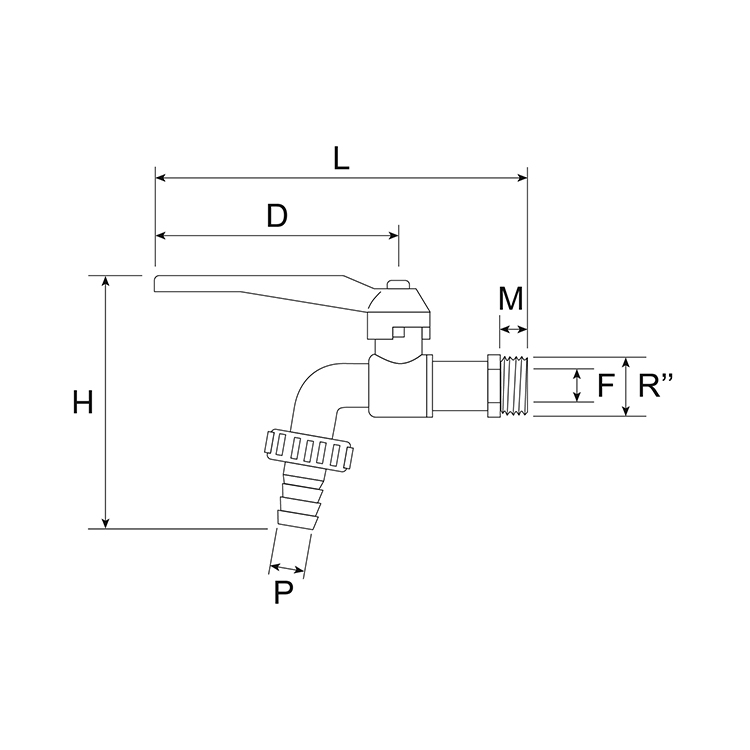 Compact ball bibcock with hose union  - technical drawing